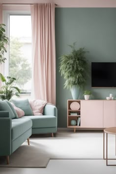 a living room filled with furniture and a flat screen tv mounted on a wall next to a window