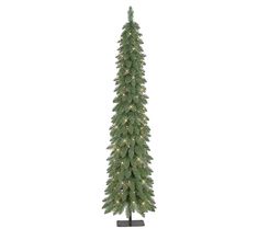 a tall christmas tree with lights on it's sides and the base is made out of wood