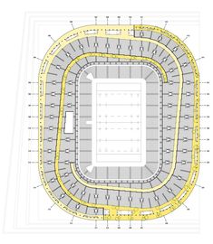 an aerial view of the stadium from above, with yellow lines on the ground and white seats