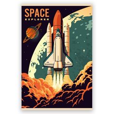 the space explorer poster is shown with an image of a rocket and saturn in the background