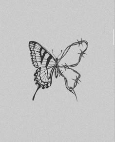 a black and white drawing of a butterfly flying in the sky with barbed wire on it's wings