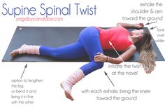 a woman laying on top of a yoga mat with the words supine spiral twist