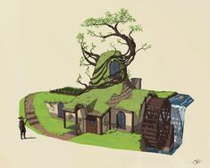 a drawing of a house with a tree growing out of it's roof, and a man standing in front of it