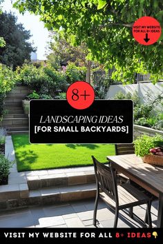 A small backyard with layered planters, a bistro set, and a lush green lawn. Small Backyards