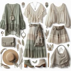 Boho romantic mini capsule wardrobe cream soft green AI generated Winter Hippie Outfits Boho, Romantic Capsule Wardrobe, Bohemian Capsule Wardrobe, Summer Boho Outfits, Mini Capsule Wardrobe, Mode Country, Bohemian Outfit, Boho Wear, Beaded Pouch