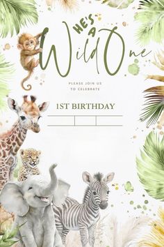 a birthday card with animals and plants on it