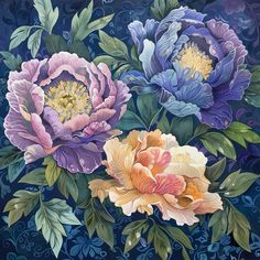 three large flowers are painted on a blue background