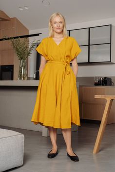 A linen yellow wrap dress VASARE is ideal for any body type. Its romantic, timeless silhouette will delight every owner of the dress. Spin, dance, enjoy every moment. Let the linen pamper your skin. ●Long length ●Short sleeves ●V neck ●Wrap front ●Belted waist ●Product composition: 100% European OEKO - TEX Standard 100 certified linen. ●Made in the EU (Lithuania) from medium weight (200 g) linen fabric.  ●Linen is a special fabric. It not only pampers your skin, but also allows for sustainable d Yellow Wrap Dress, Product Composition, Dress Wrap, Yellow Mustard, Neck Wrap, Pure Linen, Linen Dress, Dress Clothes For Women, Long Length