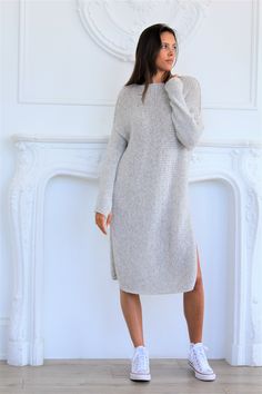 Oversized knit alpaca dress features open/round neckline, side splits, thumb holes and relaxed fit . Ultralight but extra warm. Made of 78% Peruvian Alpaca/ Merino wool blend. Soft and itch free ! Peruvian Alpaca is well known for its high quality : * Unlike many kinds of wool, Peruvian Alpaca has no prickle-factor so does not feel itchy when it comes in touch with skin because of its smooth texture. *It is very fine and lustrous fiber that is softer than cashmere or angora and much lightweight Peruvian Alpaca, Wool Knitted Dress, Sweater Dress Outfit, Sweater Dress Oversized, Mommy Makeover, Alpaca Sweater, Knit Alpaca, Legging Outfits, Sweater Dresses