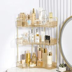 Maximize your home space with our 3-tier corner storage organizer. This storage rack made of high-quality ABS material and a premium metal bracket, The bathroom tray is designed to fit perfectly in a 90-degree corner, Making it a great space-saving solution. It designed in large capacity, fit for bathroom, kitchen, bedroom and living room to store your skincare products, perfumes, makeup, fruits, sauce and more. The makeup rack is super easy to assemble with no tools required, it's waterproof an Bandeja Perfume, Makeup Organizer Countertop, Rotating Makeup Organizer, Organize Bathroom Countertop, Bathroom Countertop Organizer, Bathroom Counter Organization, Bathroom Shelf Organization, Countertop Shelf, Counter Organization