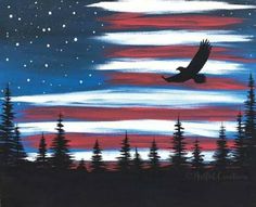 an eagle flying in the night sky with trees painted on it's sides and red white and blue colors