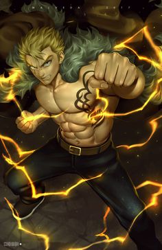 an anime character is posing with his fist out and lightning in the air behind him