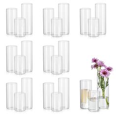 a bunch of vases with flowers in them on a white surface and one is filled with water