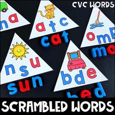 four triangle shaped cut outs with words that spell out the word abc, c, and d