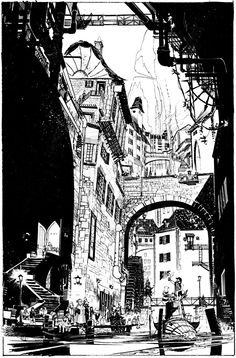 black and white drawing of people walking through an alleyway