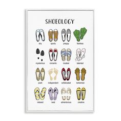 a poster with shoes on it and the words shoeology written in different languages above them