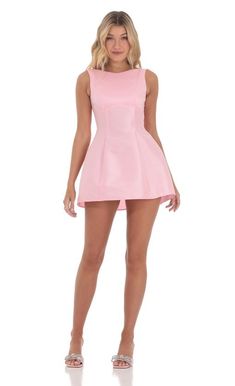 Fit and Flare Dress in Pink | LUCY IN THE SKY Triangle Crop Top, Taffeta Fabric, Lucy In The Sky, Tie Front Dress, Sorority Outfits, Open Back Dresses, Hoco Dresses, Crepe Fabric, Tie Dress