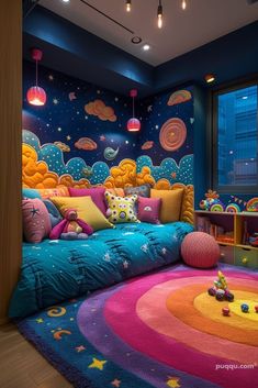 this is a bedroom with bright colors and stars on the walls