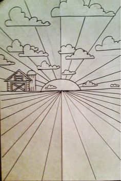 a drawing of the sun rising over a farm with houses and clouds in the sky