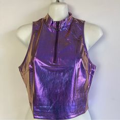 New With Tags Purple Metallic Top Mock Neck Zipper Closure Cropped Perfect For Concerts, Raves, Festivals Size Small 1c Trendy Purple Tops For Festival, Casual Metallic Sleeveless Top, Mock Neck Crop Top, Purple Metallic, Gold Top, Neck Crop Top, Color Purple, Mock Neck, Crop Top