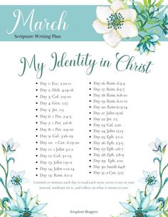 a blue and white poster with the words my identity in christ on it, surrounded by flowers