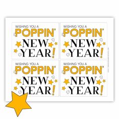 four new year's cards with the words popin, new year and an orange star