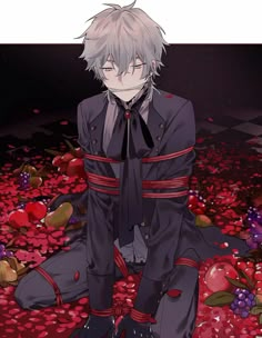 an anime character sitting on the ground surrounded by flowers and petals, with his eyes closed