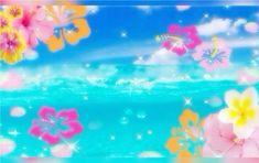 an artistic photo with flowers and butterflies in the sky above water on a sunny day