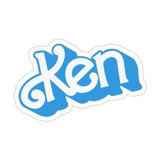 the word ken in blue and white sticker on a white background, with an image of