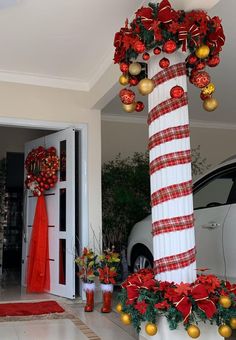 #giftideas #homedecor #newyear #fashion #photooftheday #christmascountdown #holidayseason #christmasgift #christmasmood #christmasspirit #christmaseve # #advent #travel #food #cute #christmasvibes Christmas Decor Ideas Outdoor Porch Columns, Christmas Decor For Columns, Christmas Decor For Business, Decorating Columns For Christmas, Crazy Christmas Decorations, Extreme Christmas Decorations, Christmas Column Decor, Christmas Ceiling Decorations, Church Christmas Decorations