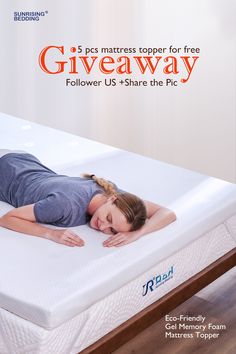 a woman laying on top of a mattress with the words, giveaway below it