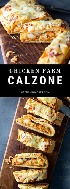 chicken parm calzonee sliced on a cutting board with text overlay that reads chicken parm calzonee