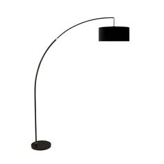 a floor lamp with a black shade on the base and a round light fixture at the end