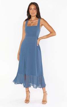 Fitted Chiffon Midi Dress With Square Neck, Dress Down Midi Dress With Smocked Back, Flowy Smocked Bodice Midi Dress For Party, Flowy Party Midi Dress With Smocked Back, Flowy Midi Dress With Smocked Back For Party, Flowy Midi Dress With Ruched Bodice, Chiffon Square Neck Dress For Date Night, Blue Midi Dress With Square Neck And Fitted Bodice, Fitted Bodice Smocked Back Midi Dress