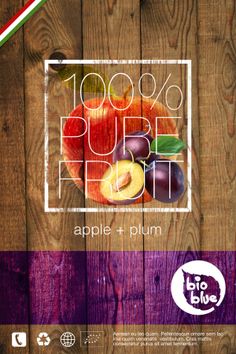 an apple and plum advertisement is displayed on a wooden background with the words 100 % pure fruit