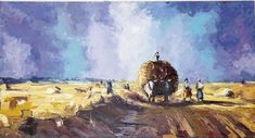 an oil painting of people walking down a dirt road with a horse and hay bale