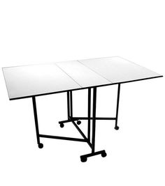 a table with wheels on it and a white surface in the middle, against a white background