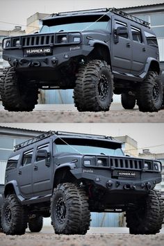 two pictures of the front and rear sides of a hummer truck with large tires