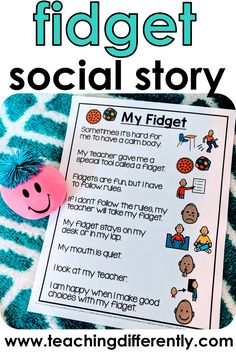 a blue and white striped blanket with the words fidgett social story on it