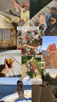 a collage of photos with flowers and people eating food on the beach, in front of an open book