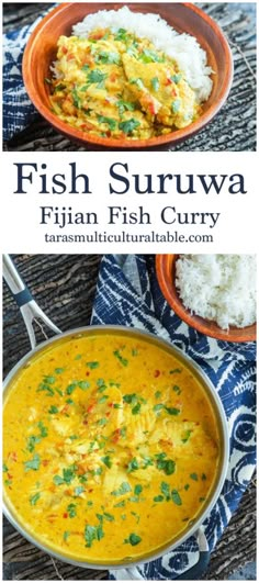 fish curry in a bowl with rice on the side