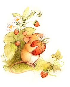 a drawing of a mouse eating strawberries