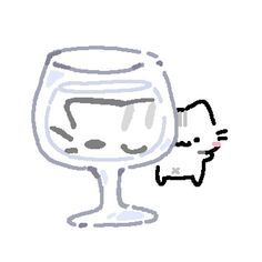 a drawing of a wine glass and a cat