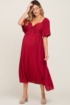 Burgundy Front Tie Ruffle Sleeve Maternity Midi Dress– PinkBlush Maternity Dress Pattern, Casual Maternity Dress, Double Layer Dress, Maternity Midi Dress, Trendy Maternity, Pink Blush Maternity, Lined Skirt, Layer Dress, Sleeve Midi Dress