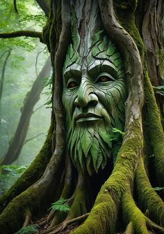 a green man's face is growing out of the roots of a large tree