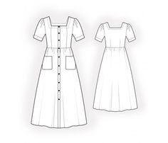 the front and back view of a women's dress, with buttons on the chest