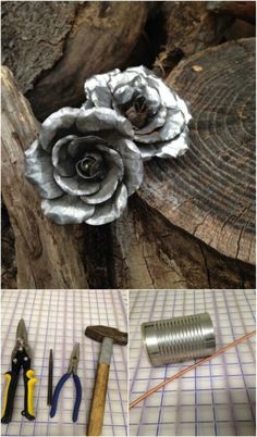 some tools are laying on top of a piece of wood and there is a flower made out of tinfoil