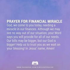 the words prayer for financial miracle on a purple background