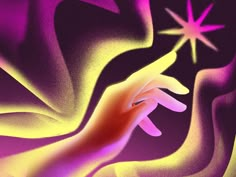 a hand reaching for a star on a purple and yellow background with pink swirls