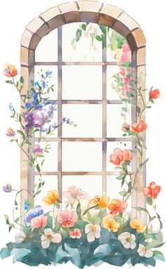 an image of a window with flowers on the outside and in the inside, painted by watercolors